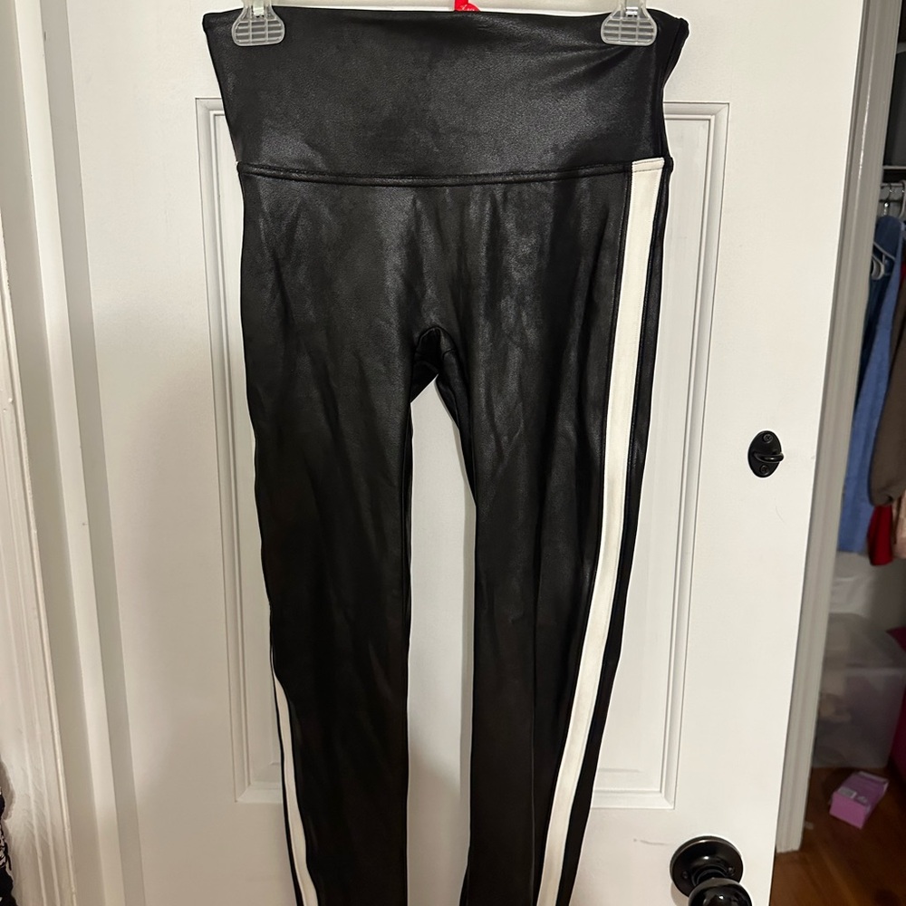 SPANX Black Faux Leather Leggings with White Stripe